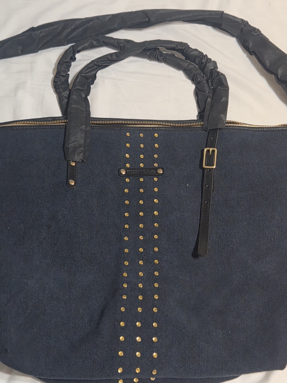 Kempton & Co. Washed Navy Canvas Crossbody Bag Tote - Studded Brass Luxe.